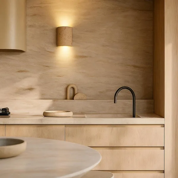 Half cylinder wall sconce in travertine washing light up and down a stone kitchen wall above the counter
