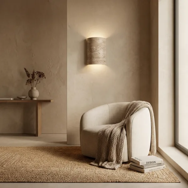 Half cylinder wall sconce in travertine above a cream armchair and jute rug in a calm reading corner