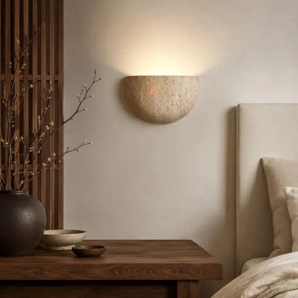 Travertine moon wall light above a wooden bedside table with clay bowls, next to a linen bed