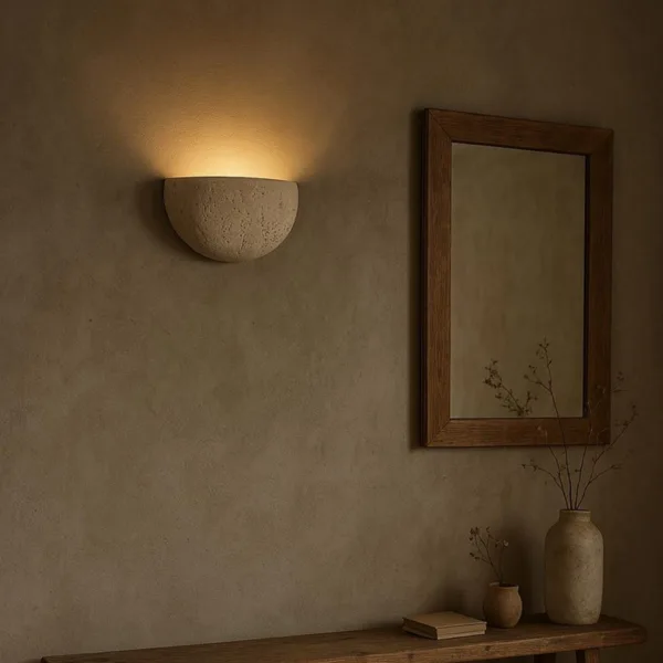 Travertine moon wall light beside a dark wooden mirror above a wooden console with clay vases