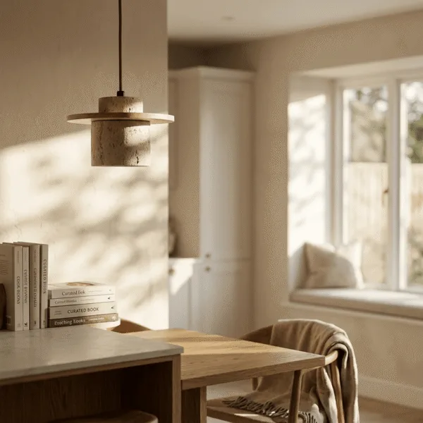 Travertine pendant light with a wood disc over an oak dining table beside a sunlit window seat