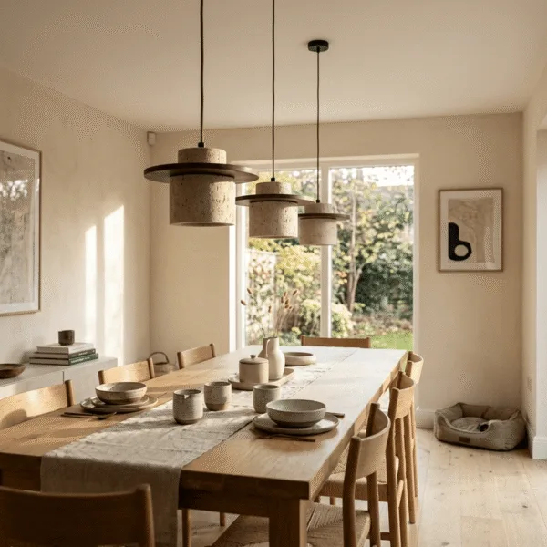 Three travertine pendant lights with wood discs on brown fabric cords over a long wooden dining table by garden doors