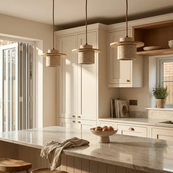 Three travertine pendant lights with light wood discs over a marble kitchen island with cream cabinets