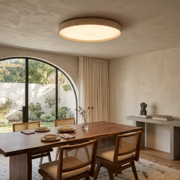 Travertine LED ceiling light above a wooden dining table