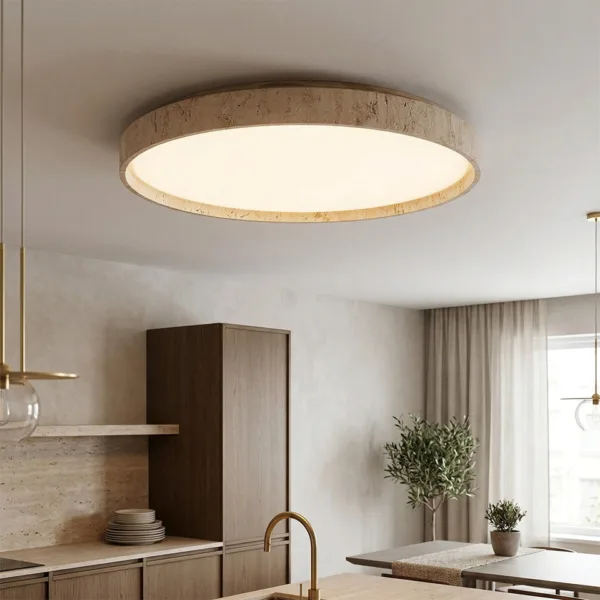 Ceiling light for kitchen: travertine LED flush mount above a counter