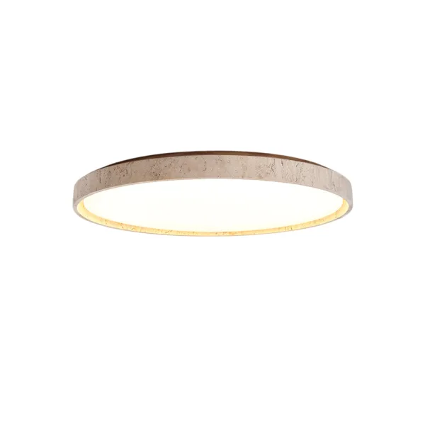 Travertine ring ceiling light glowing warm white on a white background