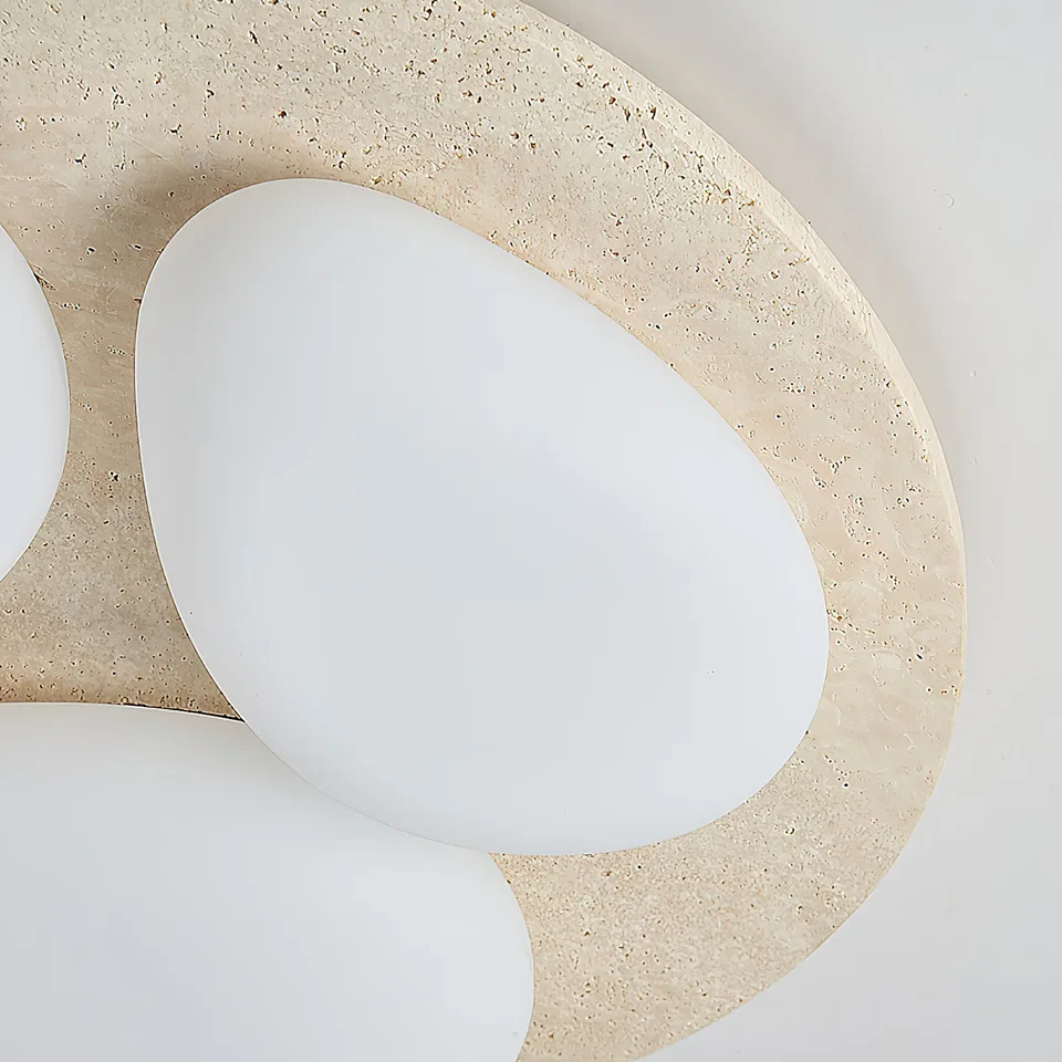 Travertine Ceiling Light – Three Pebble Flush Mount, 50 cm 8 Close-up of the travertine disc and a white pebble diffuser