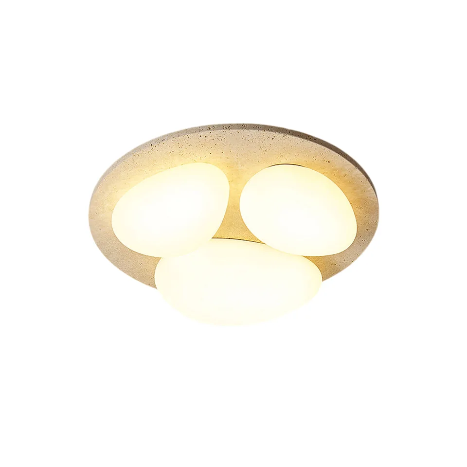 Travertine Ceiling Light – Three Pebble Flush Mount, 50 cm 4 Travertine pebble ceiling light lit on a white background