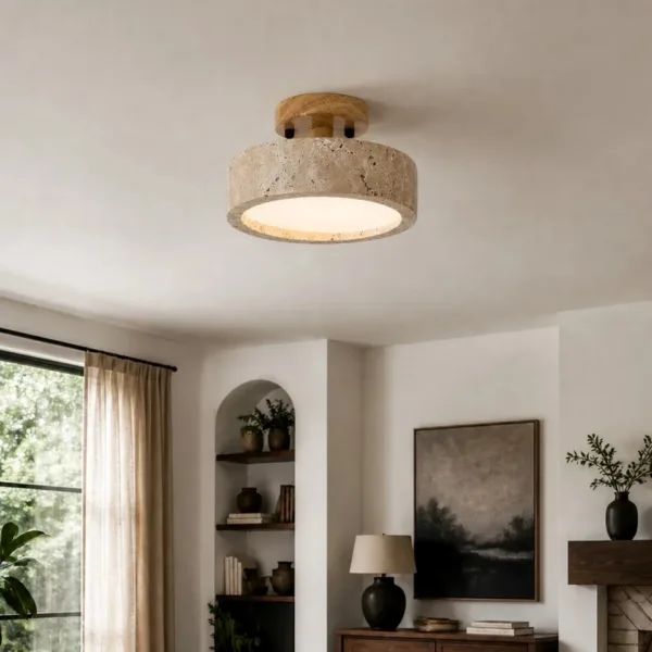 Travertine semi flush ceiling light in a living room with arched shelves