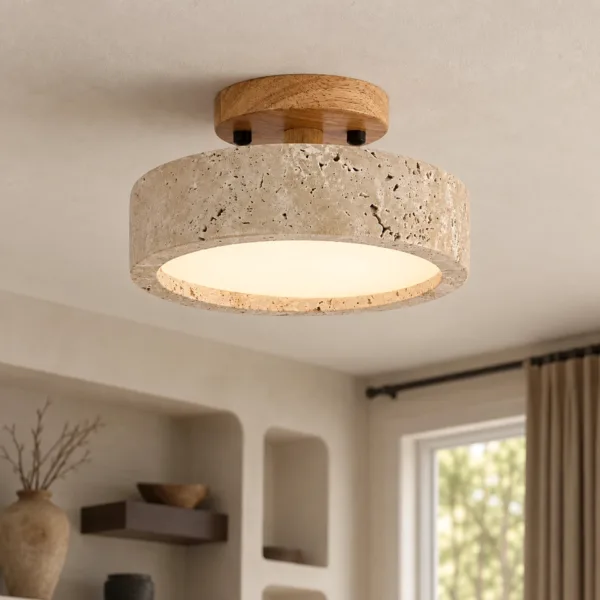 Ceiling light for living room: travertine semi flush light above shelf niches