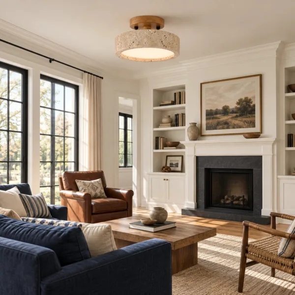 Travertine semi flush ceiling light above a living room with a fireplace