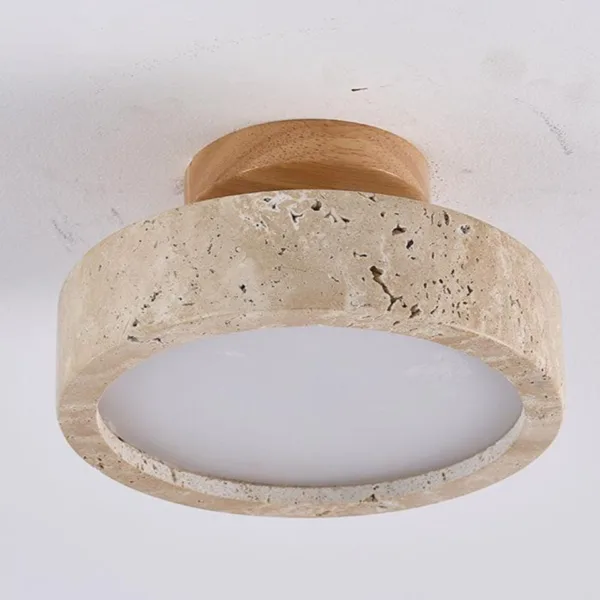 Underside of the travertine semi flush light showing the white diffuser