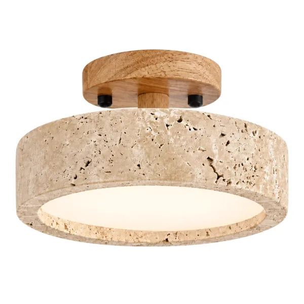 Travertine semi flush ceiling light with oak canopy on a white background