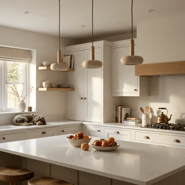 Three travertine pebble pendant lights over a kitchen island with open wooden shelves