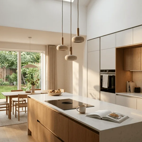 Three travertine pebble pendant lights at stepped heights over a white kitchen island