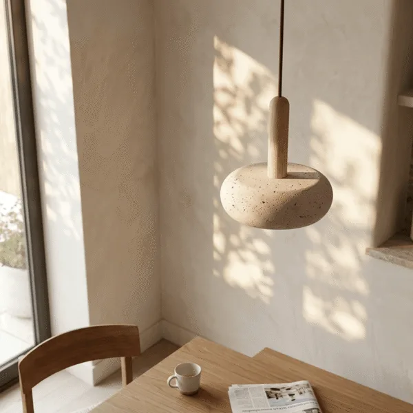 Travertine pebble pendant light hanging over a wooden table beside a window in afternoon sun