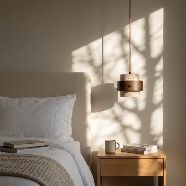 Travertine and wood pendant light hanging beside a bed as a bedside light over an oak nightstand