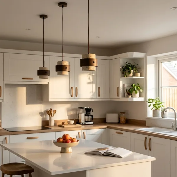 Three travertine and wood pendant lights hanging in a row over a white kitchen island with cream cabinets