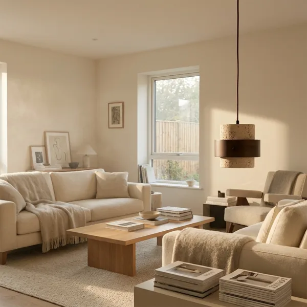 Travertine and wood pendant light hanging in a warm neutral living room beside a cream sofa and armchair