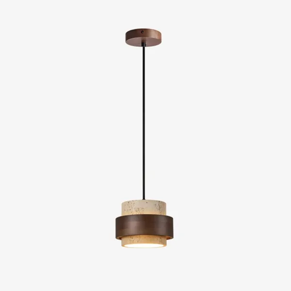Travertine and wood pendant light on a white background with its black cord and round wood ceiling canopy