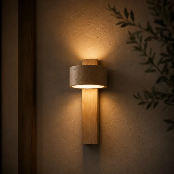 Travertine and oak wall mounted reading light for bedroom casting warm 3000K light in a dim evening room