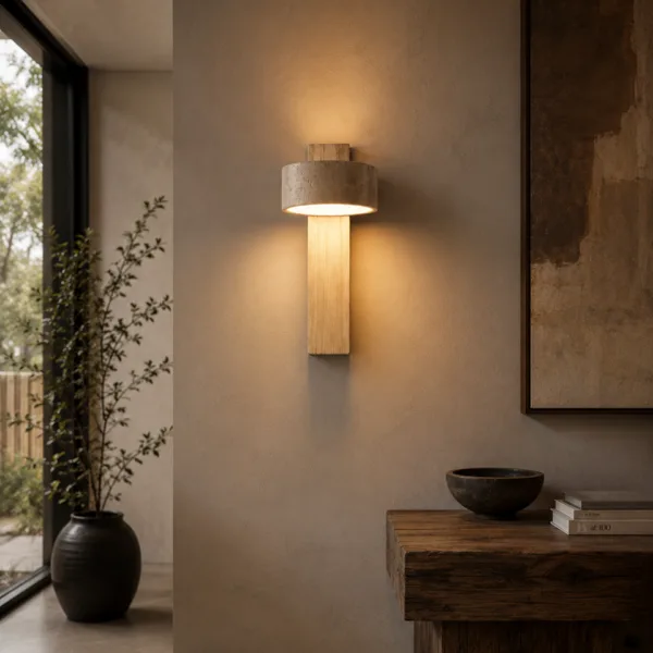 Travertine and oak wall mounted reading light for bedroom lighting a living-room corner above a wooden console