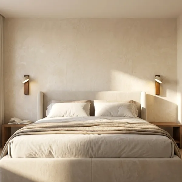 Pair of travertine and light oak wall mounted reading lights for bedroom, lit above a bed in a cream room
