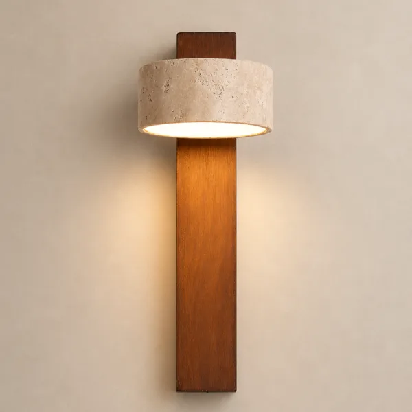 Walnut version of the wall mounted reading light for bedroom, its travertine head glowing warm down the wall