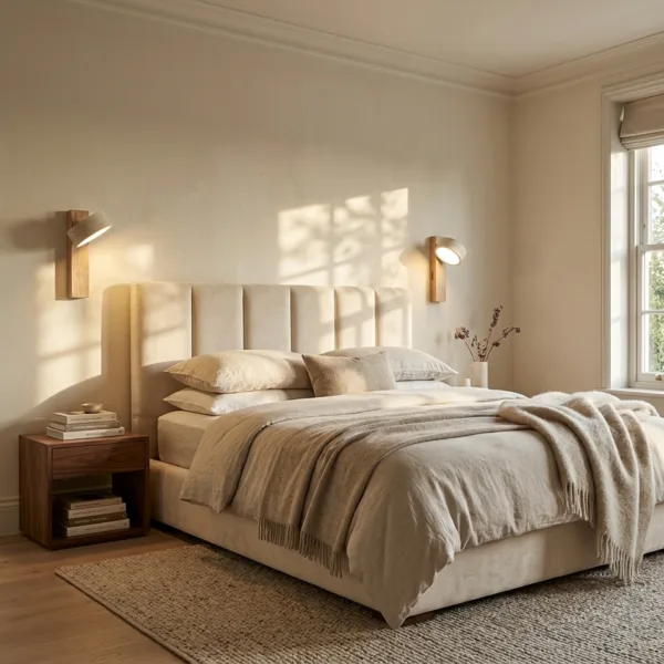 Pair of travertine and walnut wall mounted reading lights for bedroom on either side of a bed in a sunlit room