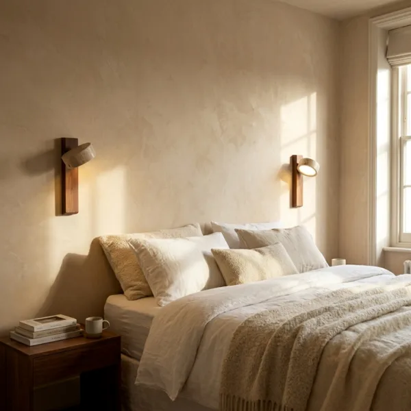 Travertine and walnut wall mounted reading lights for bedroom with tilted heads beside a bed