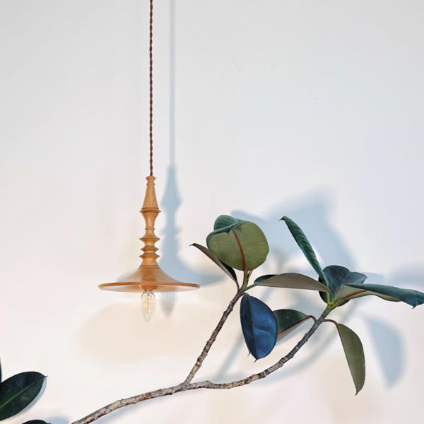 Turned wood pendant light in a lighter honey tone beside a rubber plant