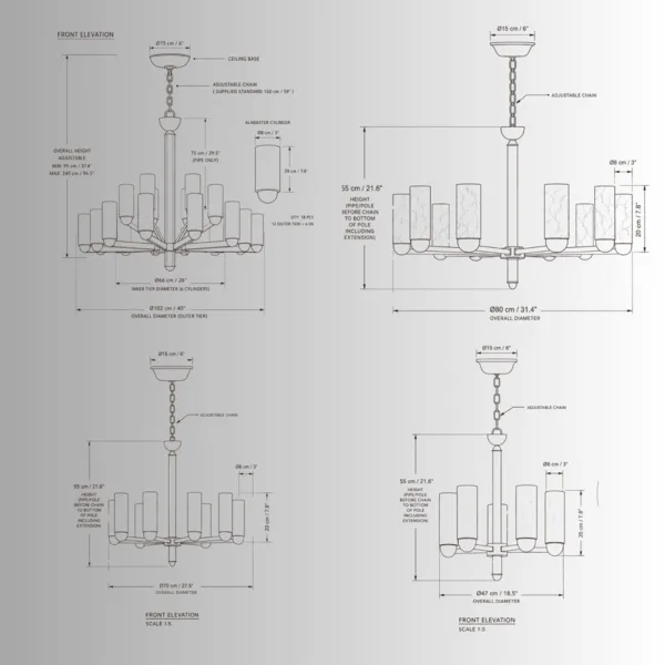 Two-tier alabaster brass chandelier dimensions drawing, 102 cm, 80 cm, 70 cm and 47 cm