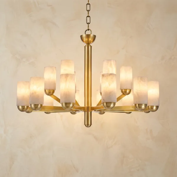 Two-tier brass chandelier with glowing alabaster cylinders, lit