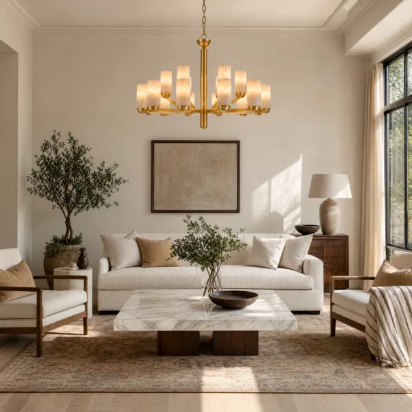 Gold chandelier for living room, two tiers of alabaster cylinders above a sofa