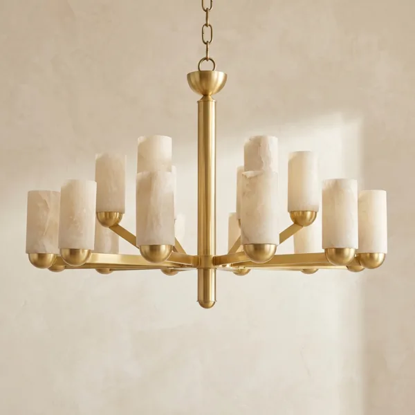 Two-tier brass chandelier with 18 natural alabaster cylinders, unlit