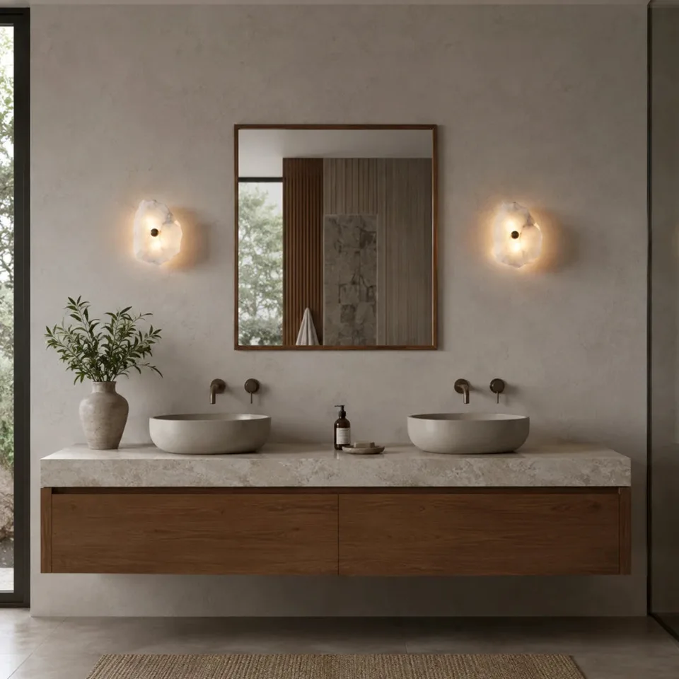 Unique Wall Light in Natural Alabaster – Raw-Edge Stone Slab Sconce, 20 cm 1 A pair of unique wall lights in natural alabaster either side of a bathroom mirror above twin basins