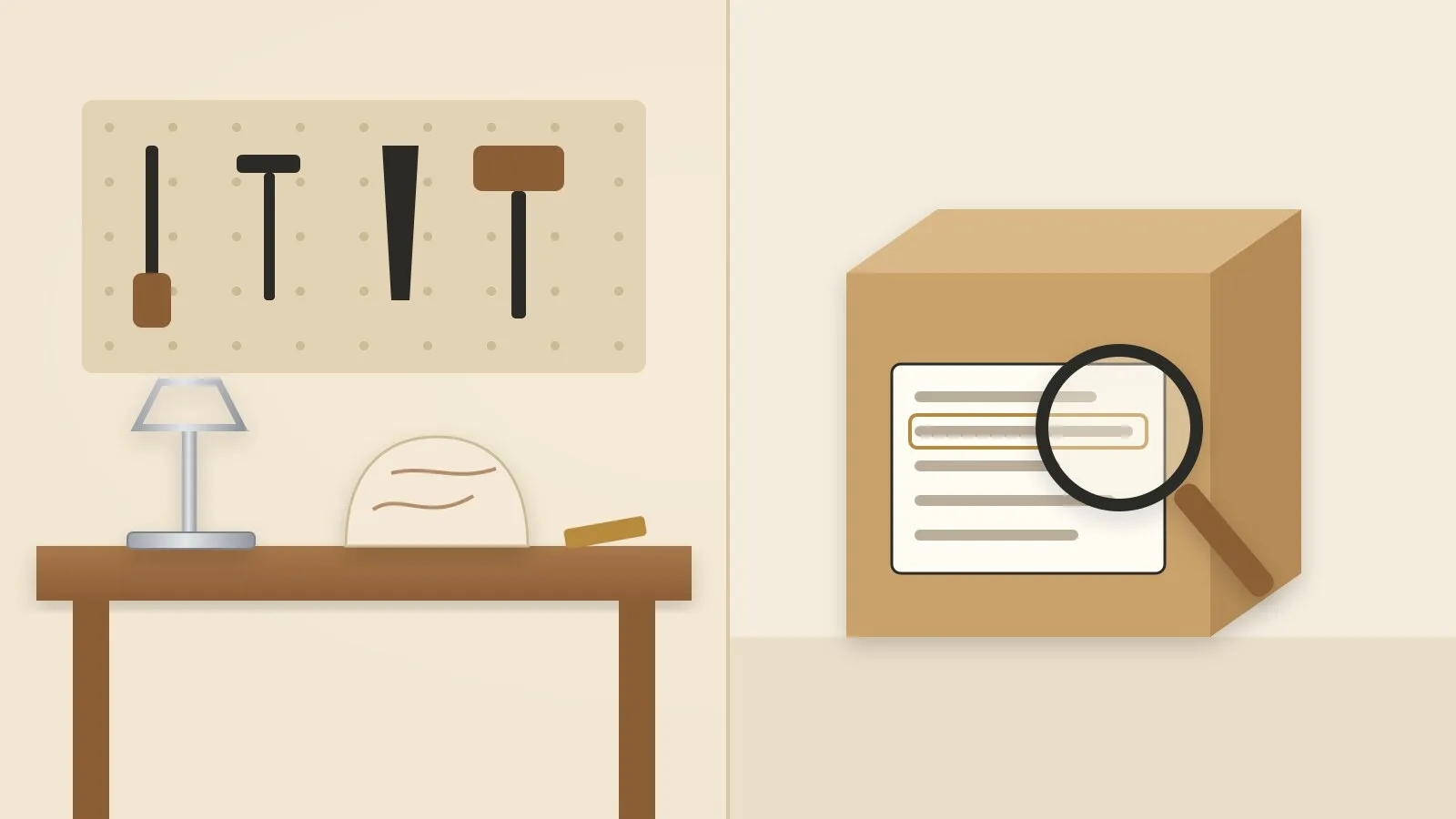 Vocal for local products: a maker's workbench beside a light box with its label checked under a magnifier (illustration)