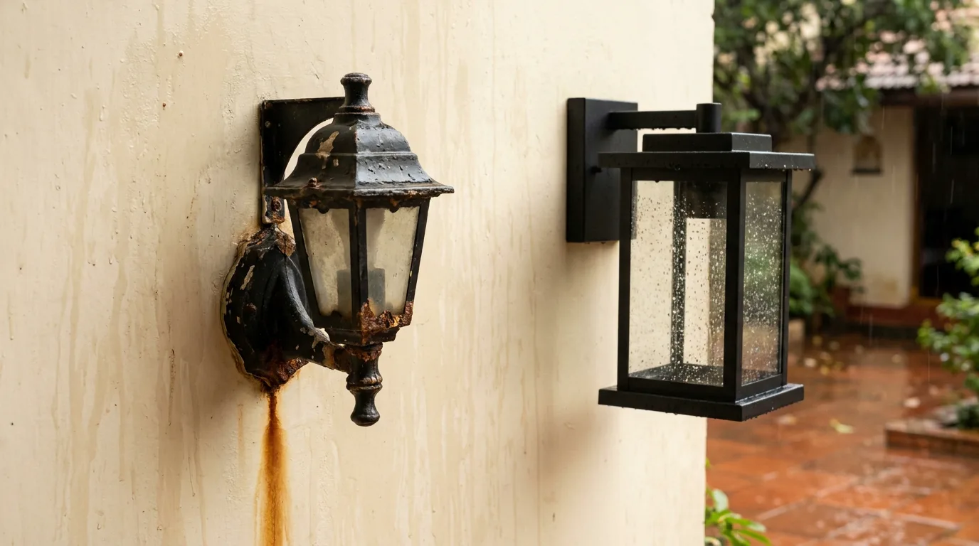 Waterproof Wall Light: Will It Rust in the Monsoon? 1 Waterproof wall light comparison: a rusted painted iron outdoor lantern with a rust streak beside a clean stainless steel lantern on a rain-wet wall