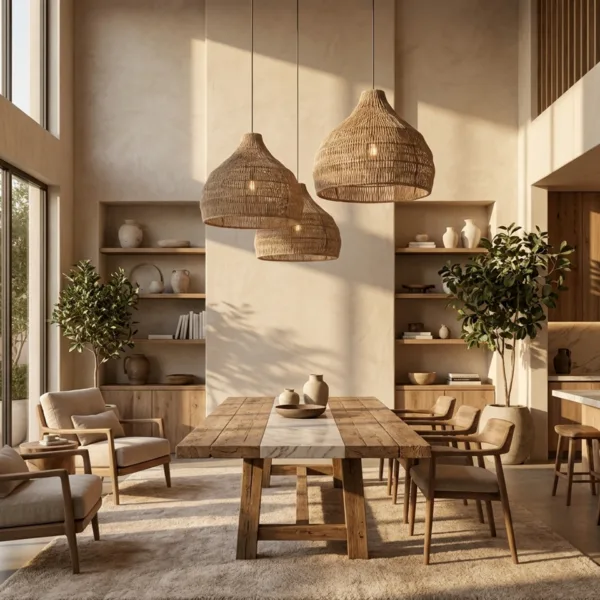 Cluster of three woven rope dome pendant lights over a rustic dining table