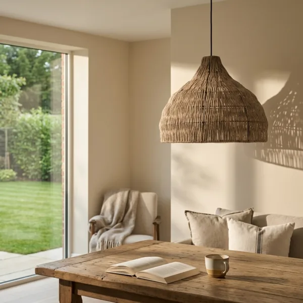 Woven rope dome pendant light over a rustic table in a warm reading corner