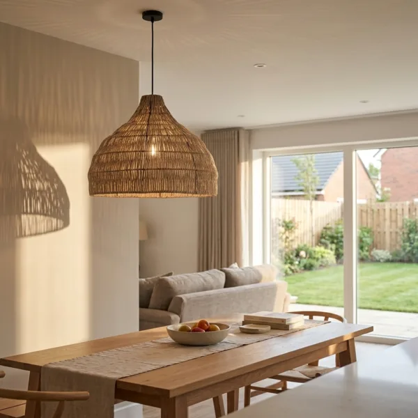 Woven rope dome pendant light over an oak dining table in a bright living and dining room