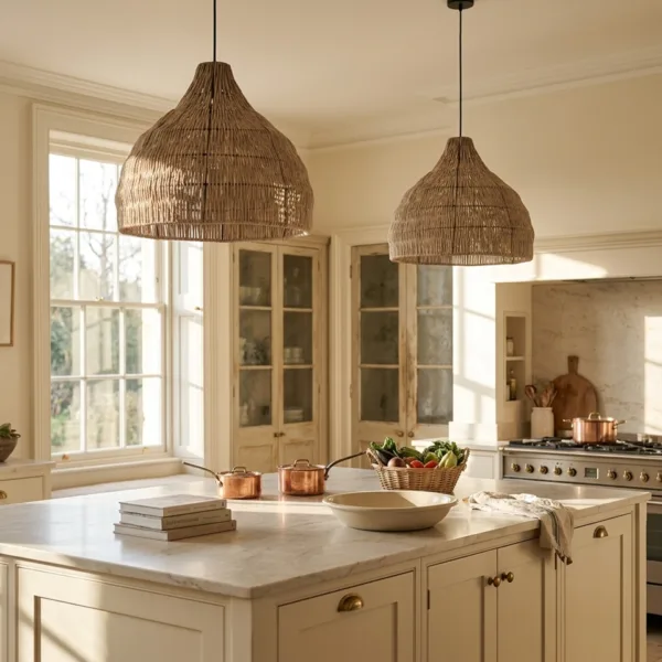 A pair of woven rope dome pendant lights over a marble kitchen island