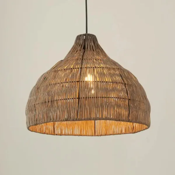 Woven rope dome pendant light lit, showing the warm glow and single E27 bulb through the weave
