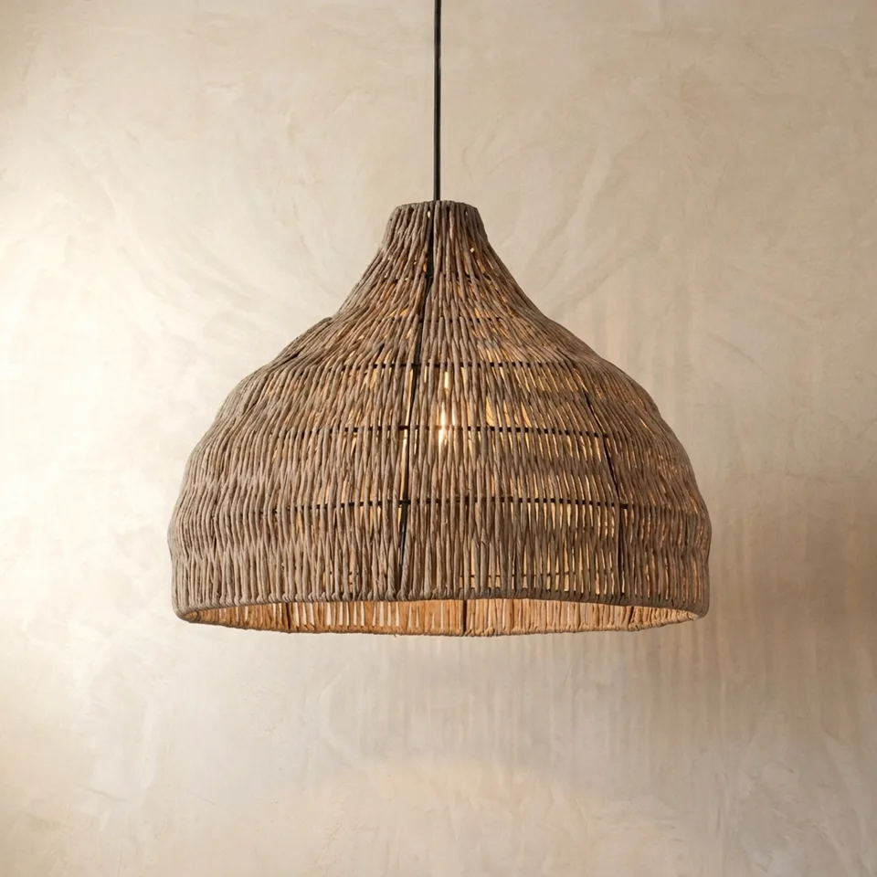 Handwoven natural-fibre rope dome pendant light glowing warm, hanging on a plaster wall