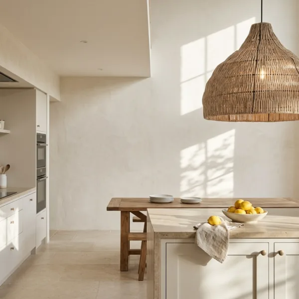 Woven rope dome pendant light glowing over a travertine island in a Mediterranean kitchen