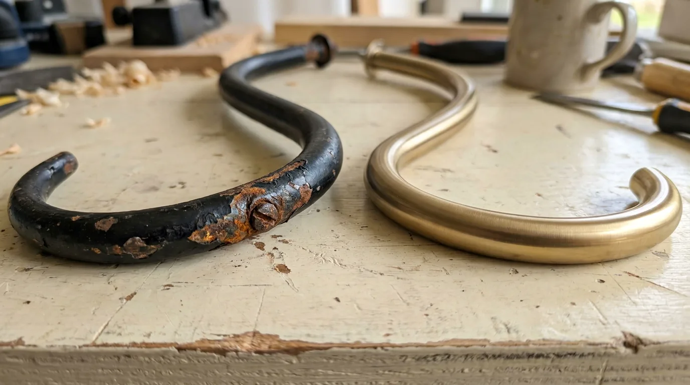A rusted black iron chandelier arm beside a clean stainless steel arm, showing how a wrought iron chandelier ages once its paint chips