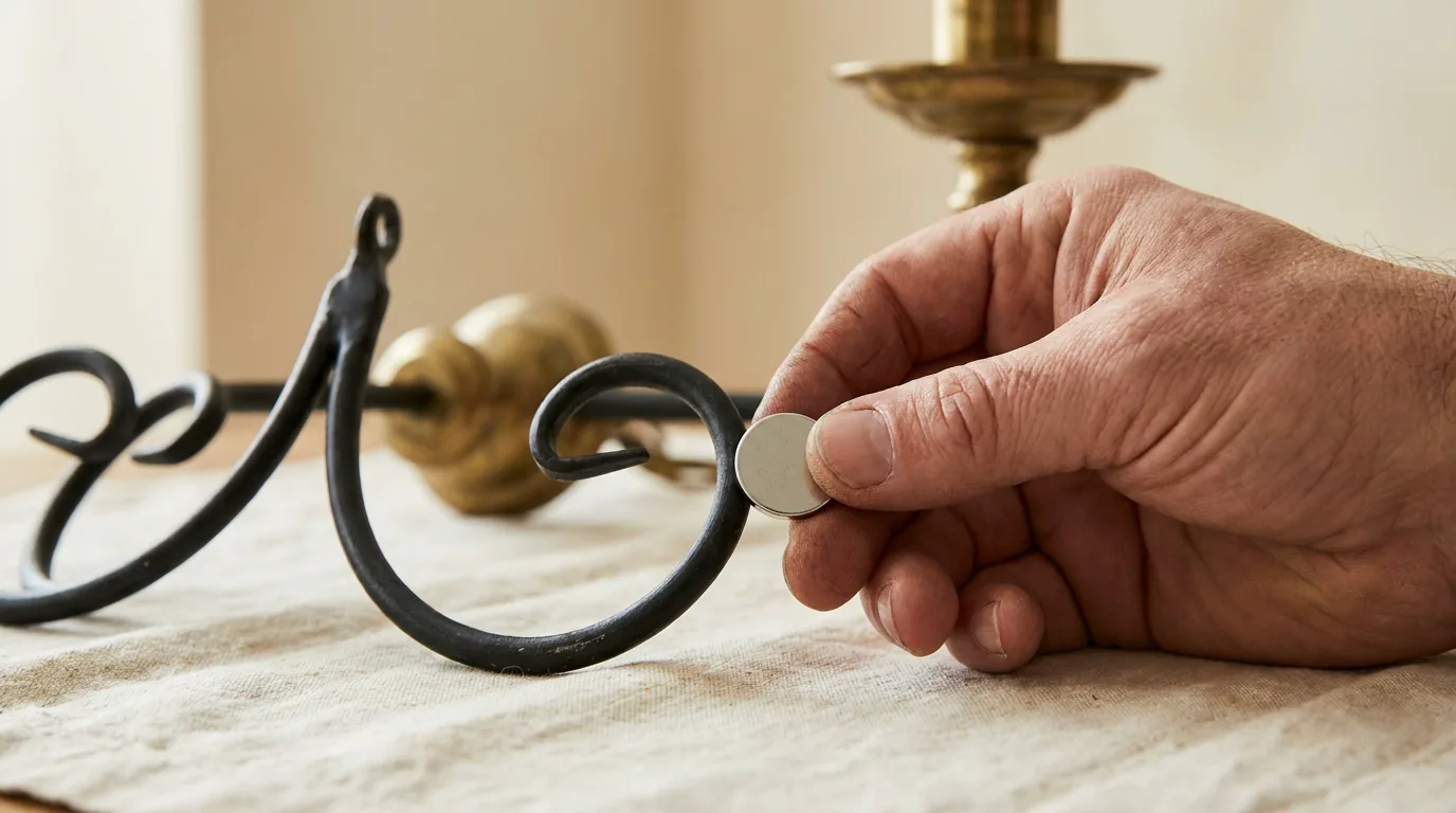 Hand holding a fridge magnet to the black arm of a wrought iron chandelier to check the metal
