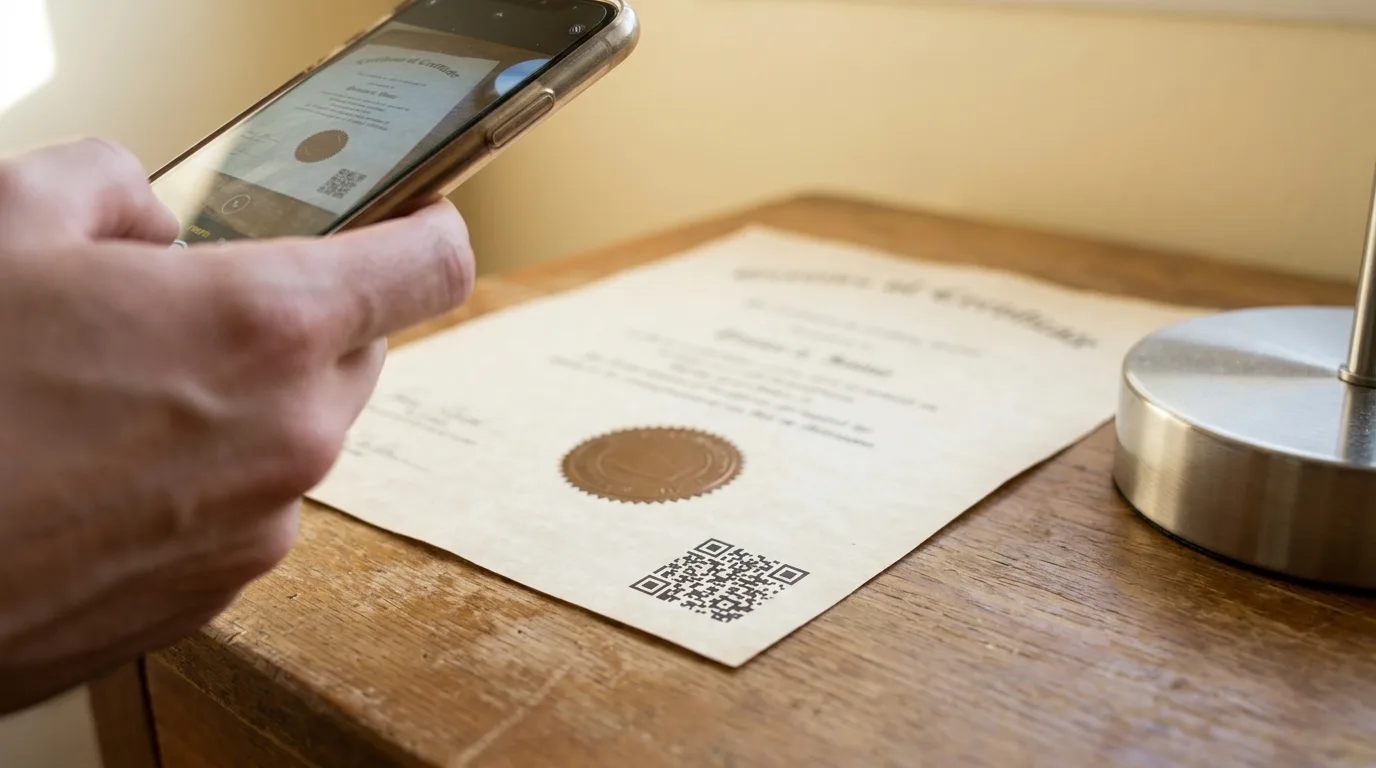 ZED Certification: What It Means When You Buy Lights 2 Checking a ZED certification: a hand holds a phone over the QR code on a printed certificate