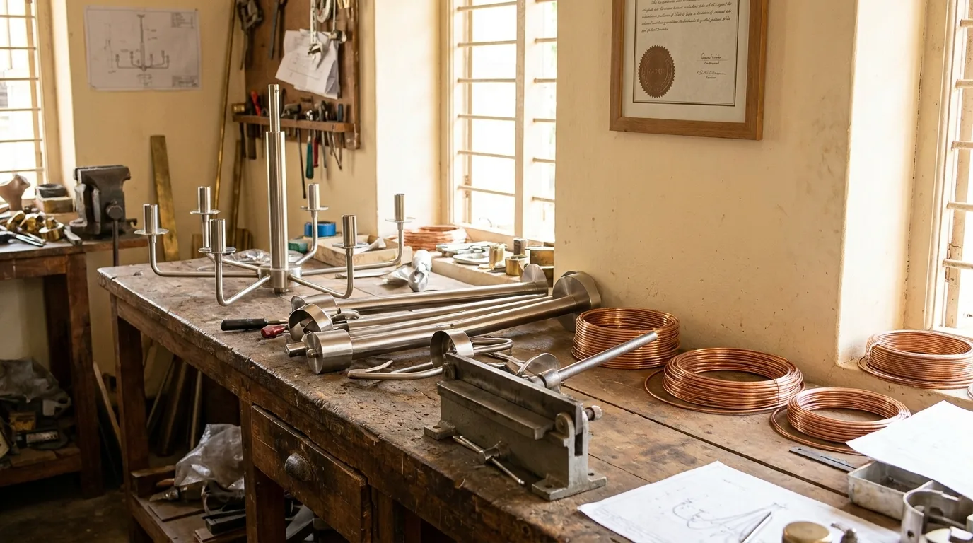 ZED Certification: What It Means When You Buy Lights 1 ZED certification concept: a lighting workshop bench with stainless steel chandelier arms under a framed certificate
